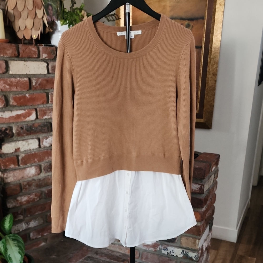 Veronica Beard Camel Layered Merino Wool Sweater with White Shirt Hem
